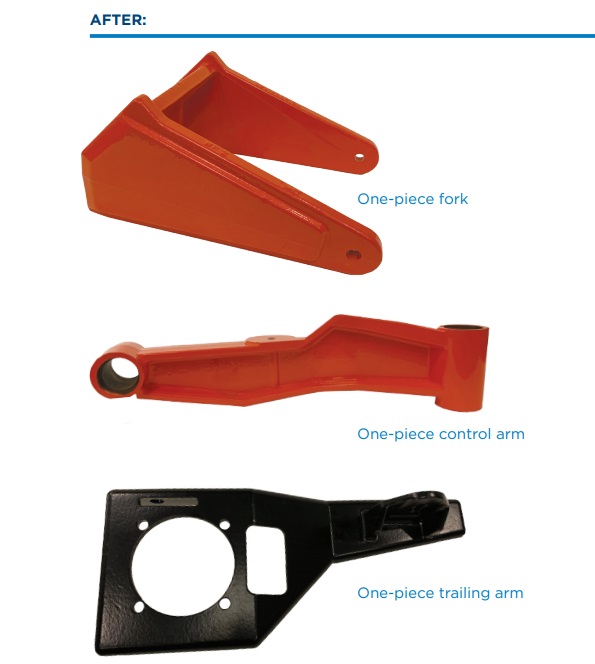 one-piece fork, one-piece control arm, and one-piece trailing arm for lawnmower