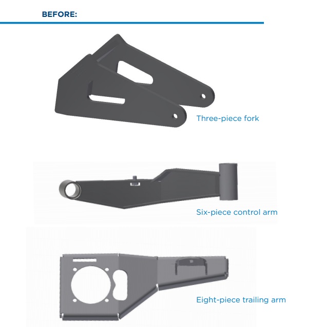 original steel weldments for a lawmower including a three-piece fork, six-piece control arm, and eight-piece trailing arm